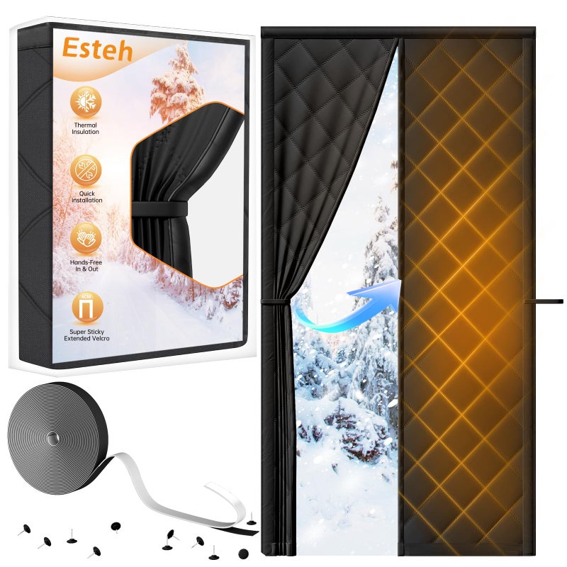Esteh Magnetic Thermal Insulated Door Curtain for Winter Fits Door Size 32"" x 80""  Temporary Thermal DoorCover for Cold with Thickened Cotton  Window Insulation Kit for Sliding Glass Doorways-Black - Image 1